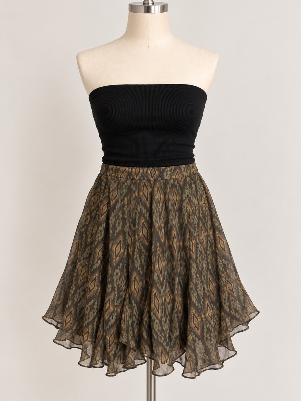 Vintage 90s Ralph and Lauren 100% silk Printed A-Line Skirt in Olive Brown